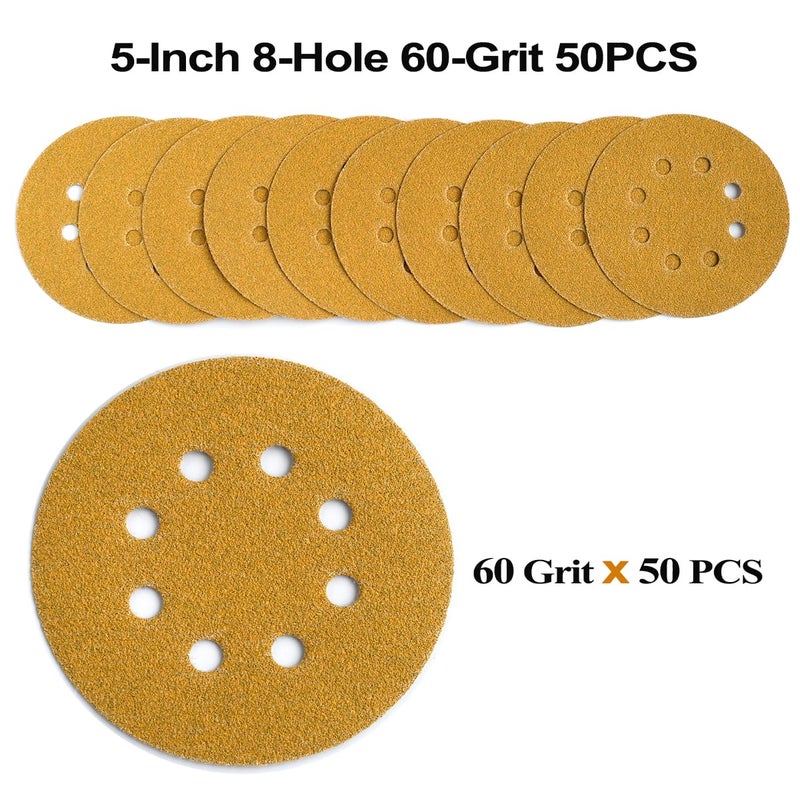 Aiyard 5-Inch 8-Hole Hook and Loop Sanding Discs 60-Grit Random Orbit Sandpaper, 50-Pack - Image 3